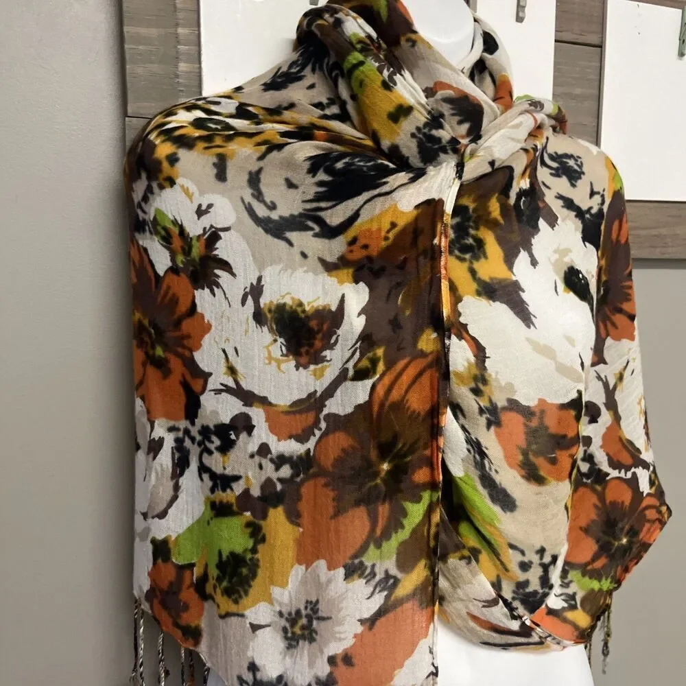 Unbranded Autumnal Floral Multicolored Lightweight Fashion Scarf Tassels